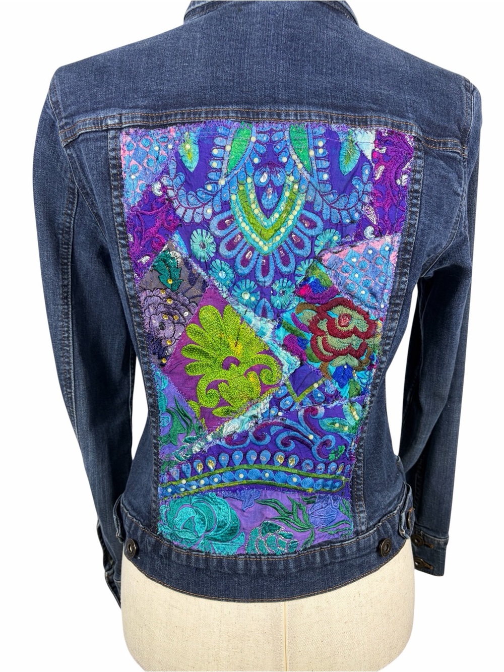 Blue Denim Jacket embellished with hand embroidered antique sari fabric.